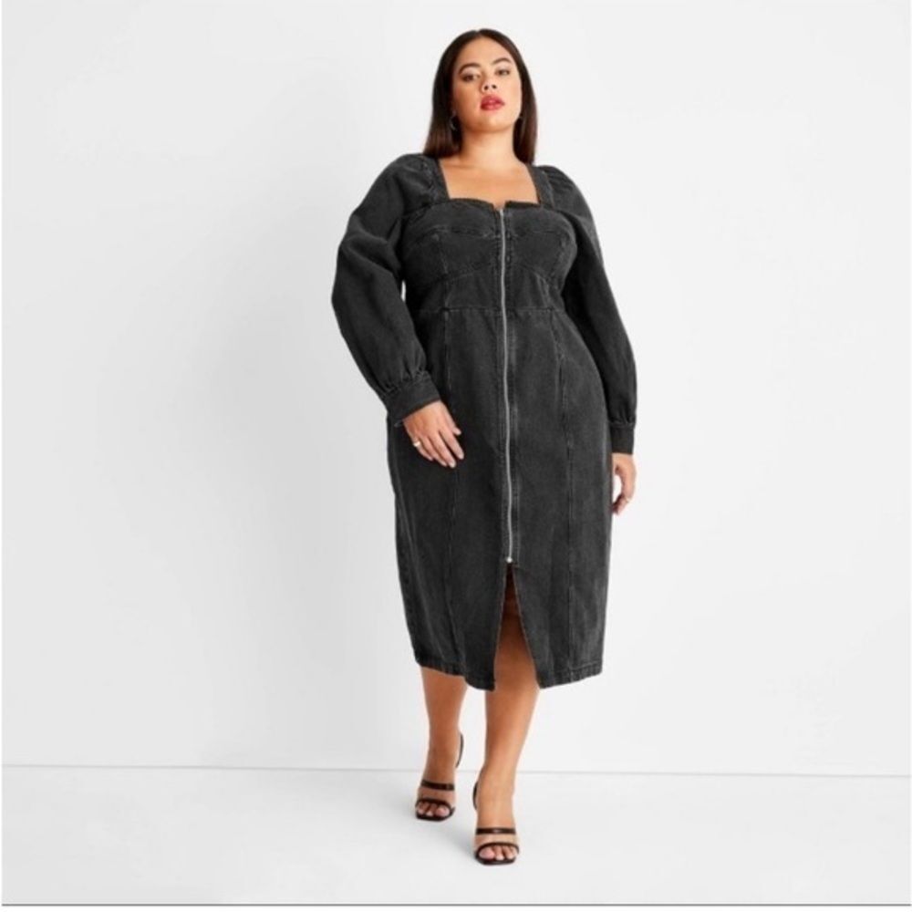 Kahlana Barfield Brown Black Denim Zip‎ Midi Dress Plus Size Chic Curve Fit